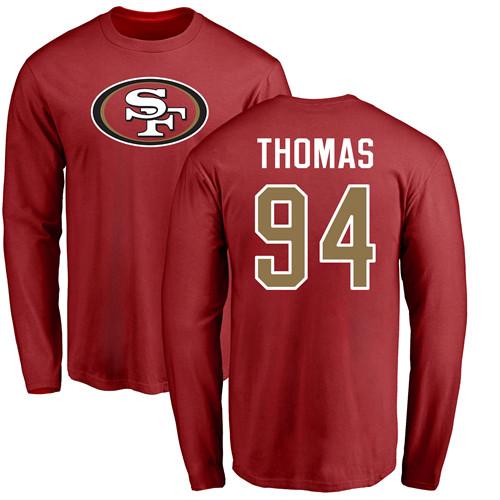 Men San Francisco 49ers Red Solomon Thomas Name and Number Logo #94 Long Sleeve NFL T Shirt->nfl t-shirts->Sports Accessory